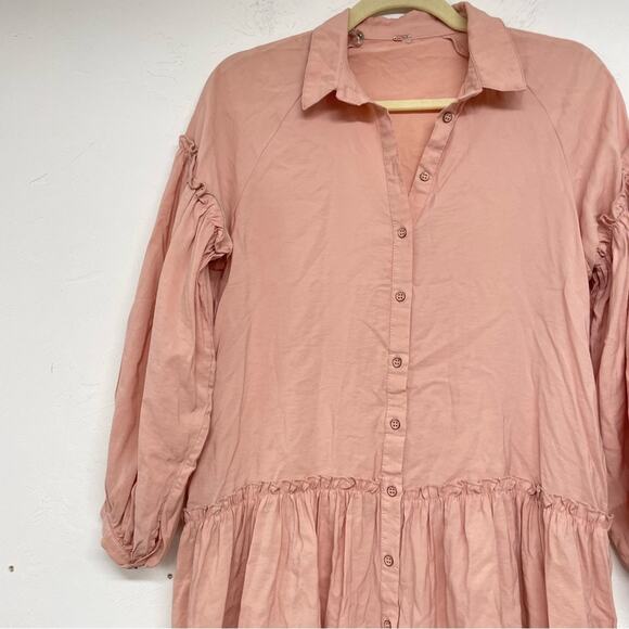 Free People Peach Button Down Long Sleeve Babydoll Mini Dress Oversized S - Picture 4 of 12